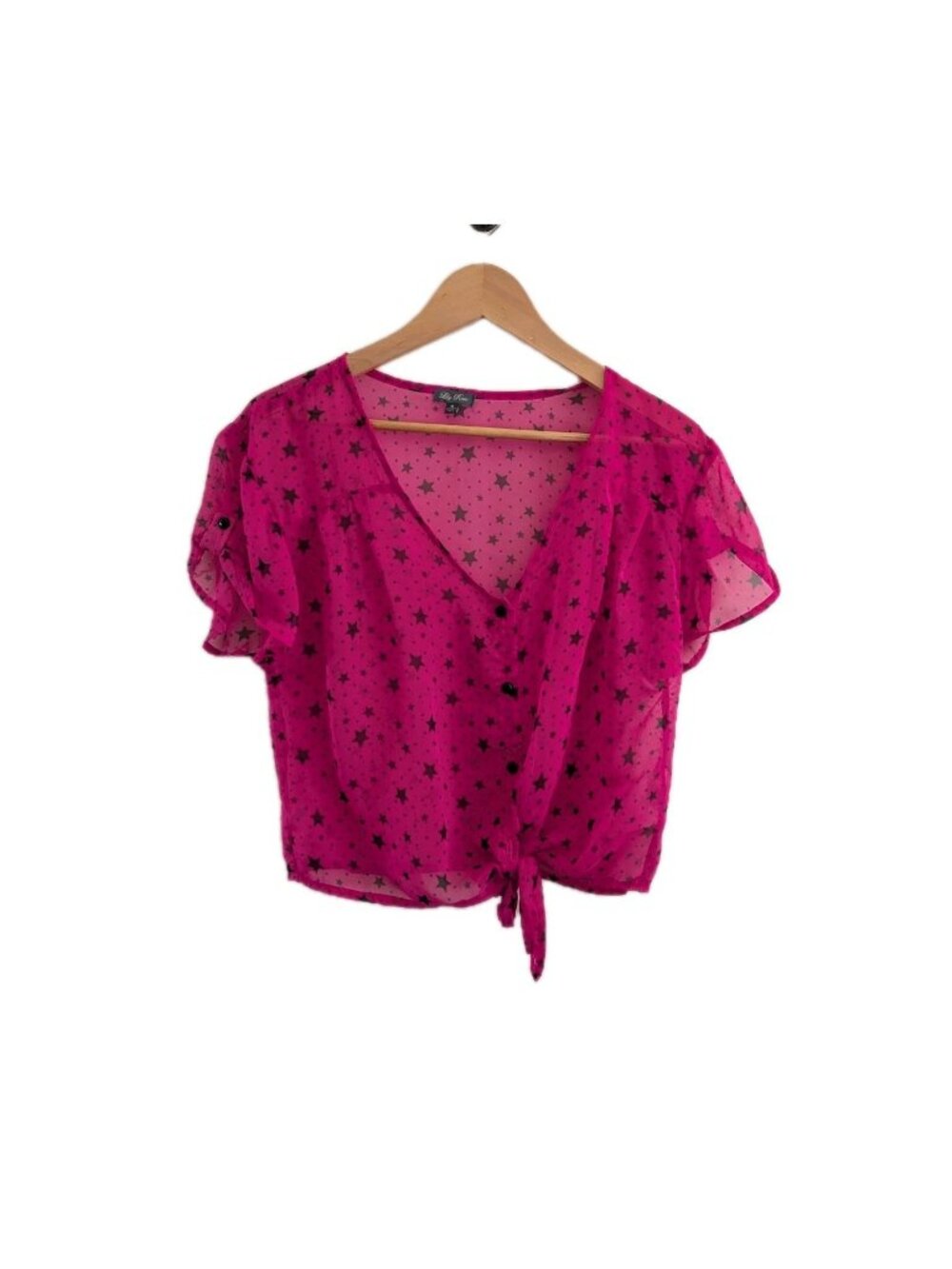 Lily Rose Sheer Pink Star Print Top Size M Whimsigoth Emo Punk Tie Front Crop